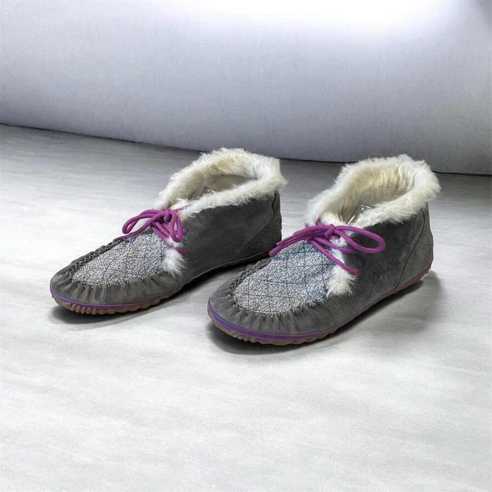 Sorel Out N About Fur Lined Suede Moccasins Booties Gray Winter Shoe Size 10